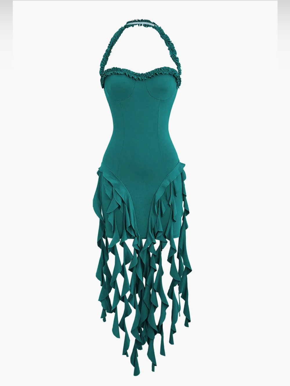 Ruffle Tassel Halter Bustier Mini Dress | Jade Green